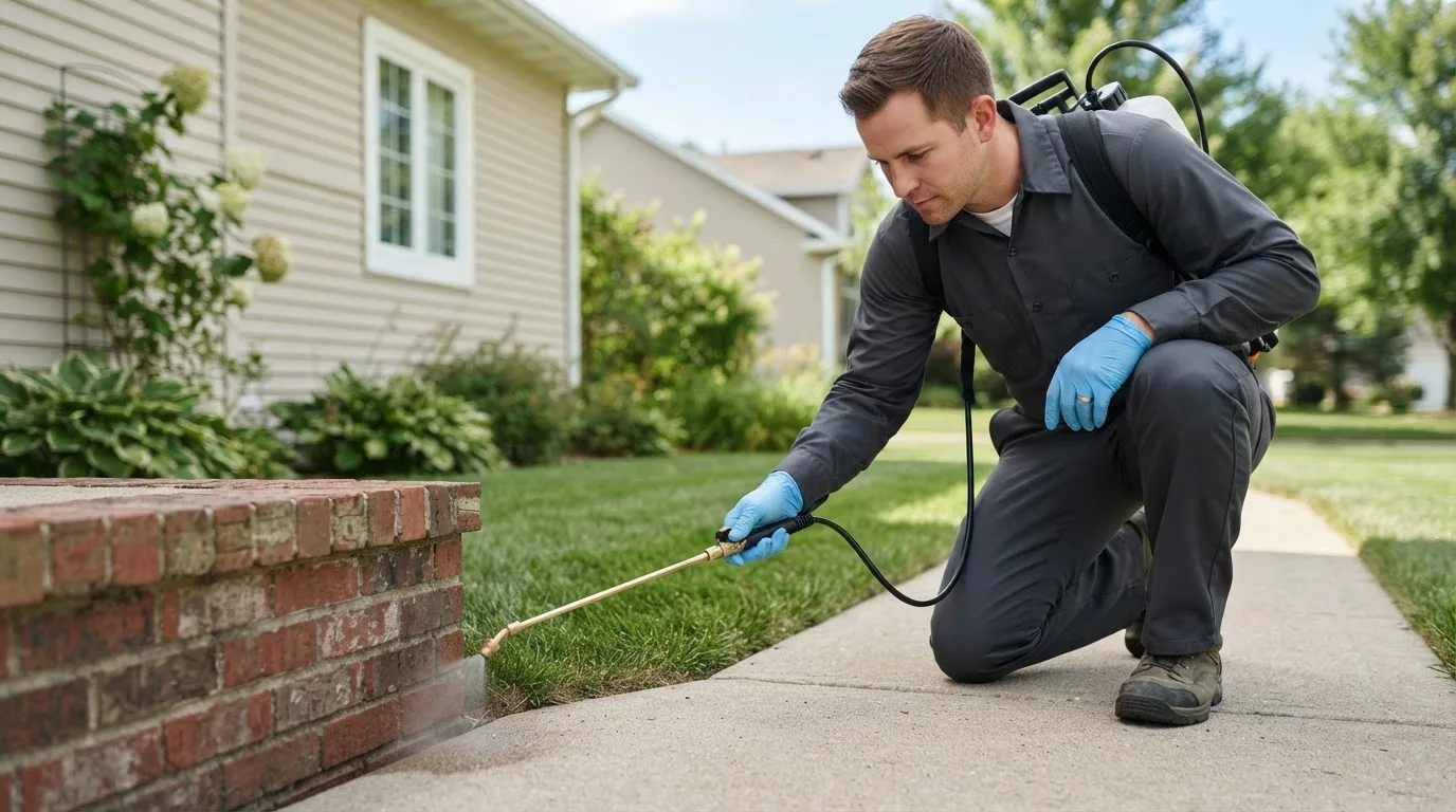 Pest control technician treating a home near Montvale, VA